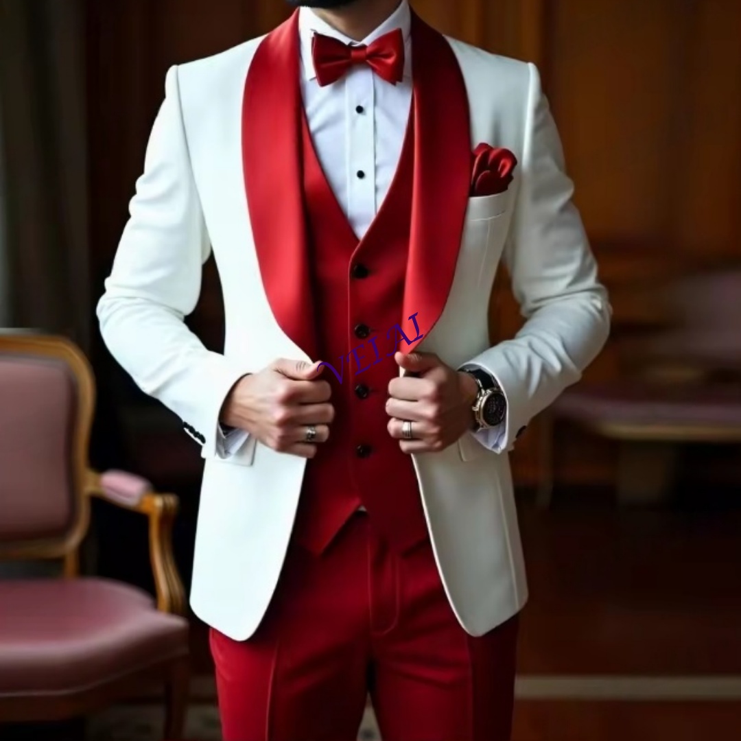 Young Men Formal Wear - CustomizedNew White And Red Men Suit