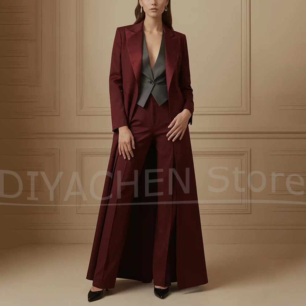 Formal Vest Waistcoat - Women's Suit Set Burgundy Long Coat