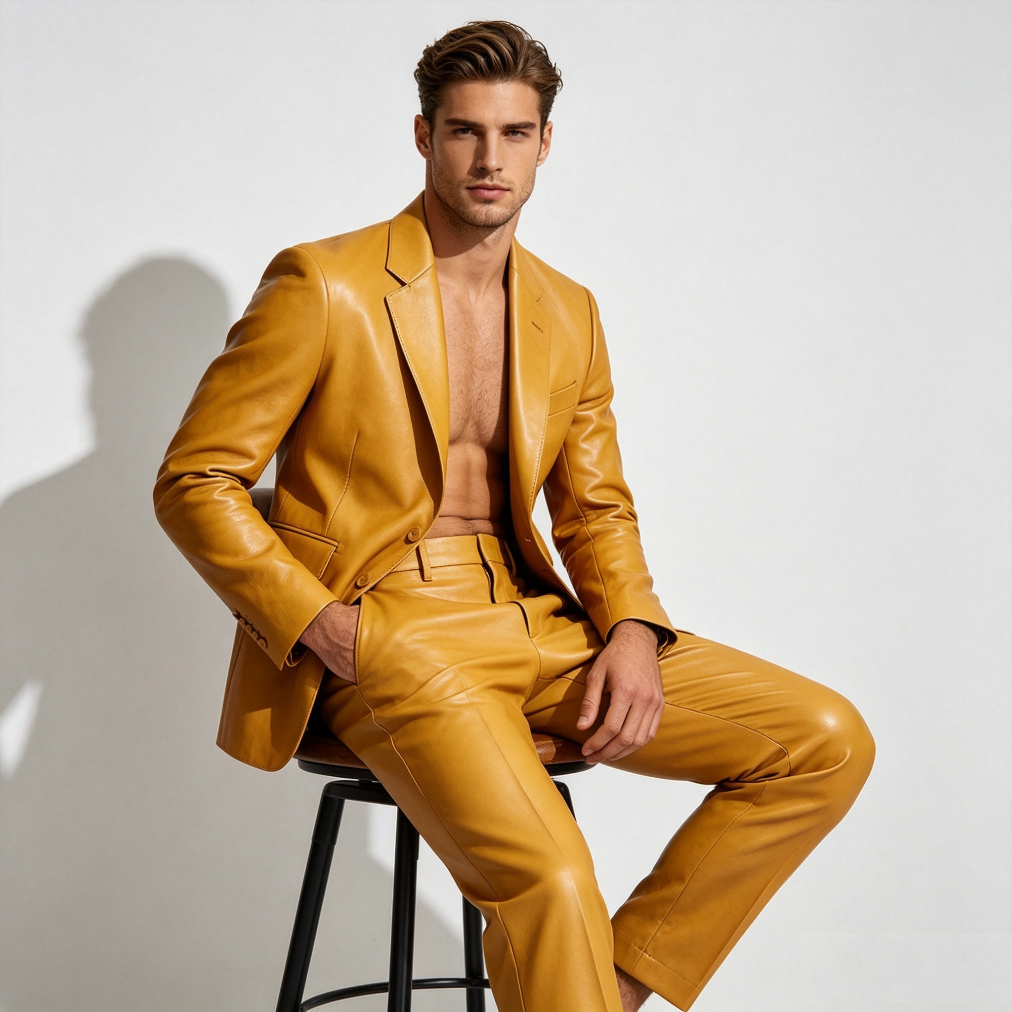 Yellow PU Leather Men Suit Set - Formal Wear For Men Yellow avaliação e preço