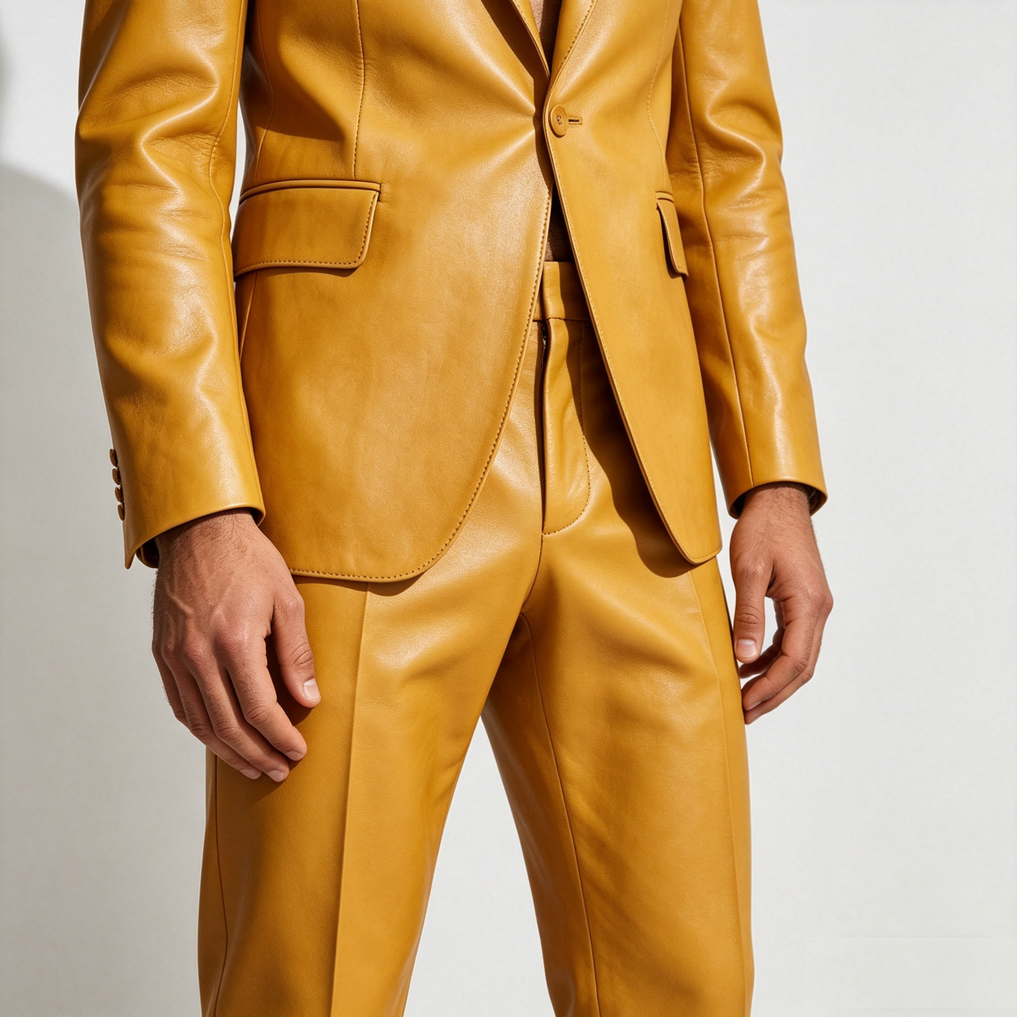 Yellow PU Leather Men Suit Set - Formal Wear For Men Yellow avaliação e preço