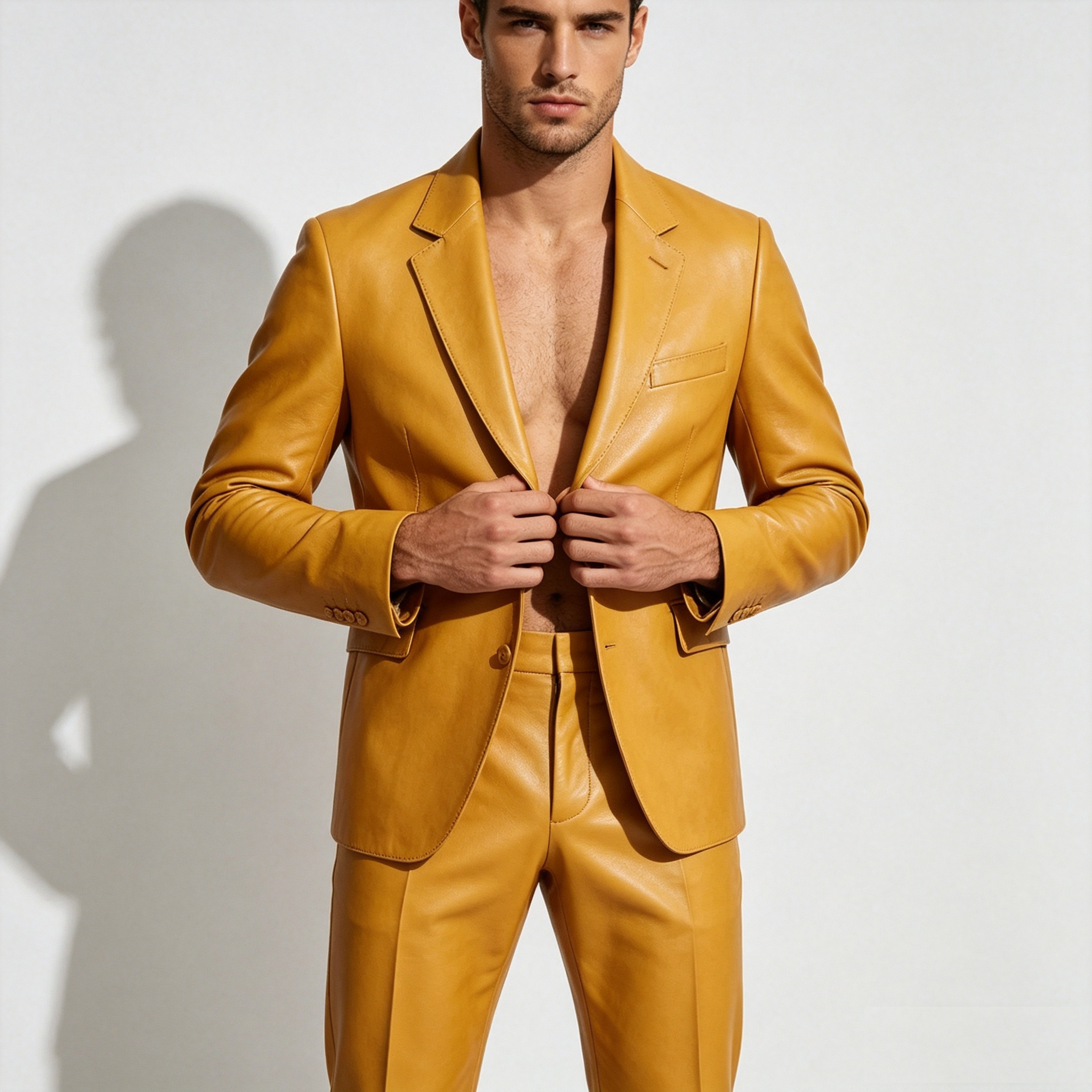 Yellow PU Leather Men Suit Set - Formal Wear For Men Yellow avaliação e preço