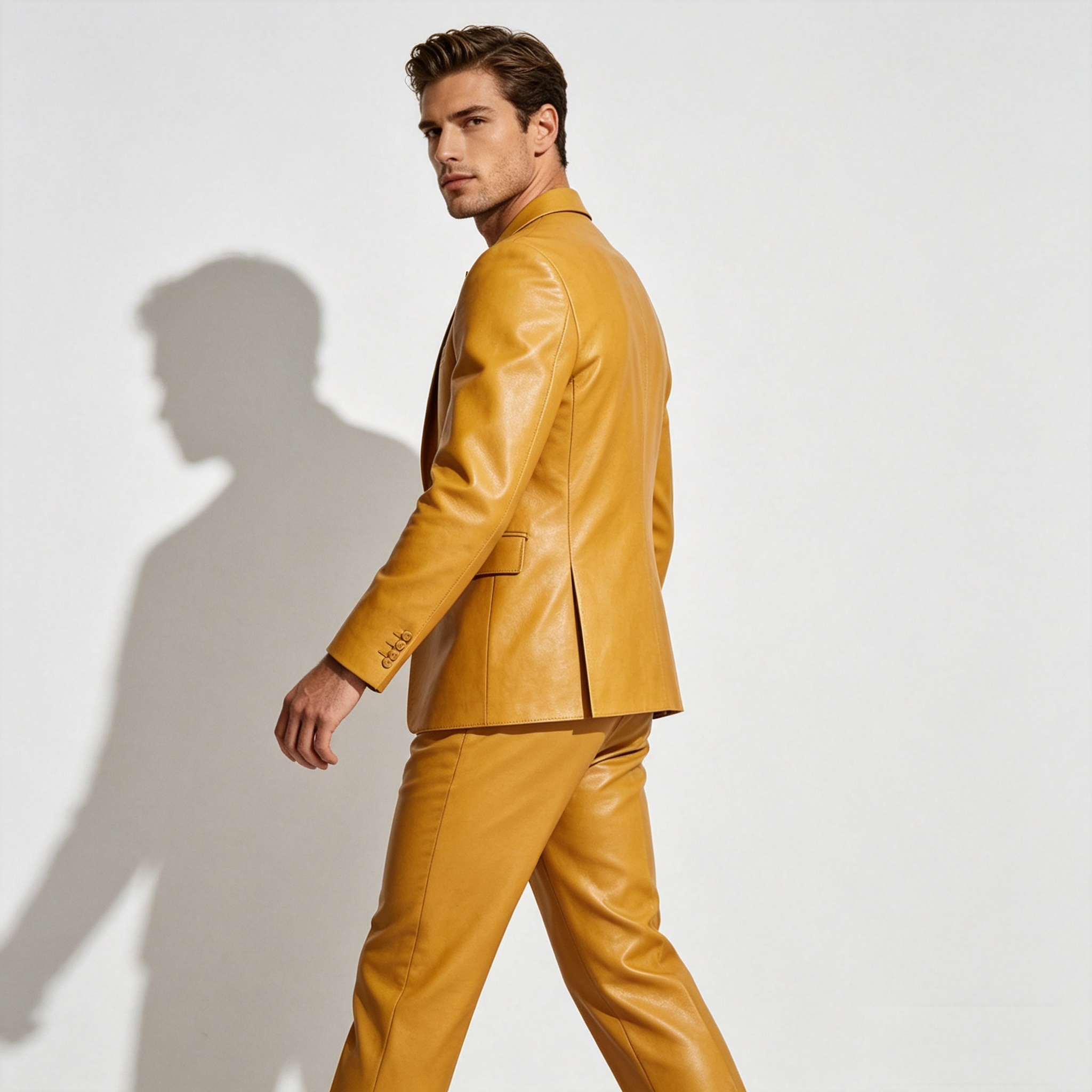 Yellow PU Leather Men Suit Set - Formal Wear For Men Yellow avaliação e preço