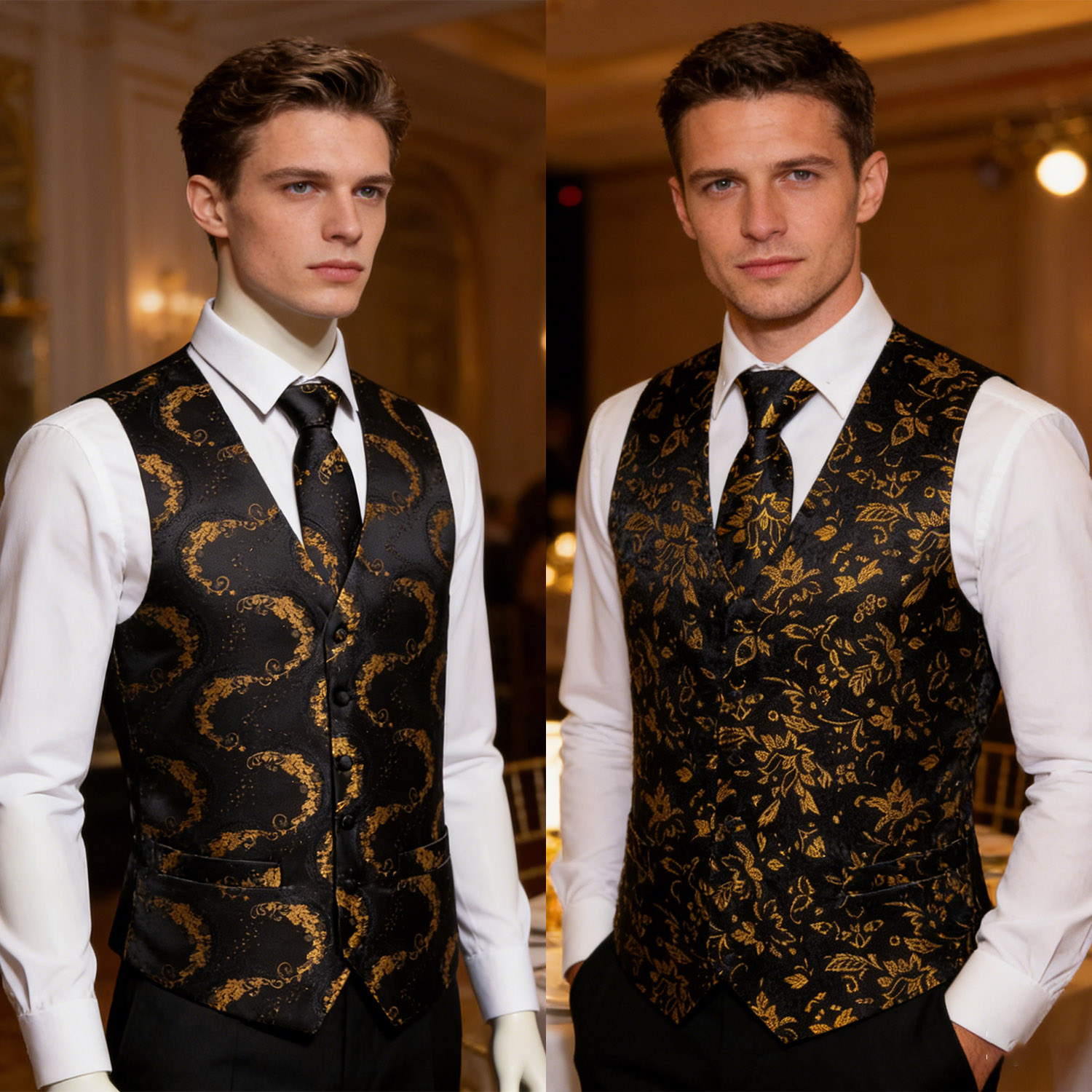 Men's Luxury Golden Black Flor - Formal Vest Waistcoat avaliação e preço