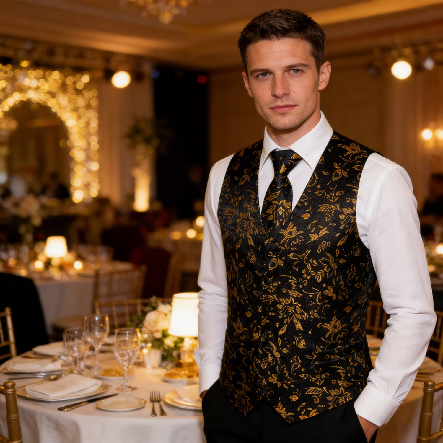 Men's Luxury Golden Black Flor - Formal Vest Waistcoat avaliação e preço