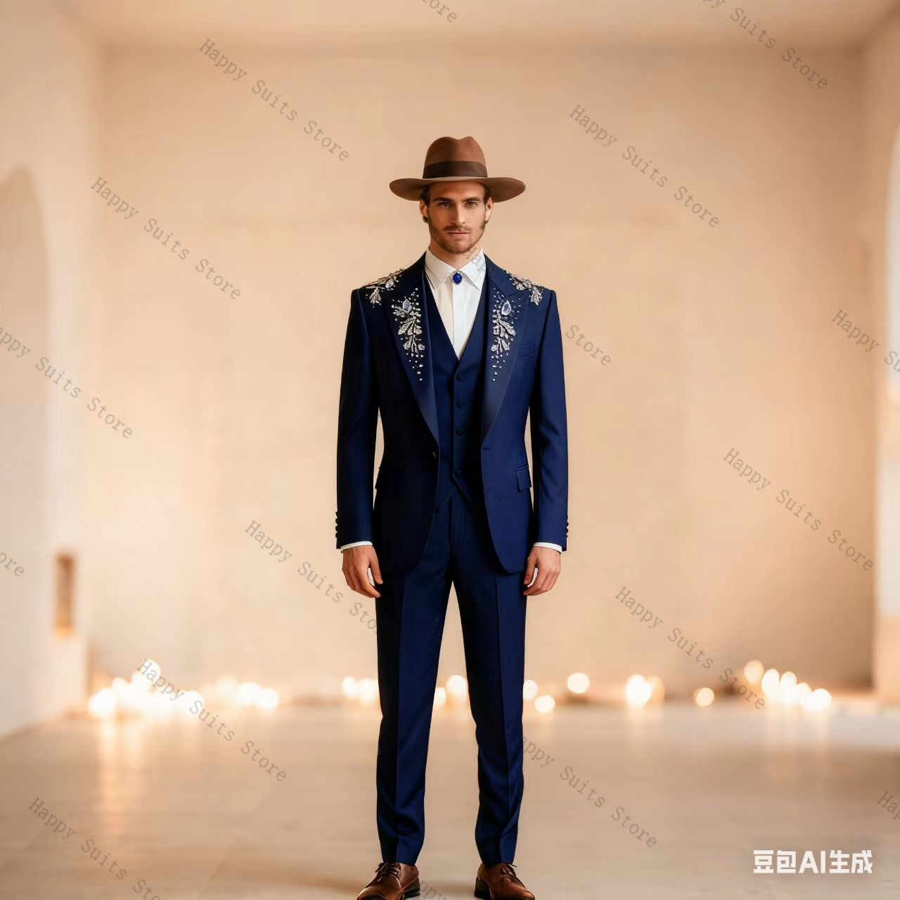 Blue Crystals Men Suit Set 3 P - Formal Wear Jersey For Men avaliação e preço