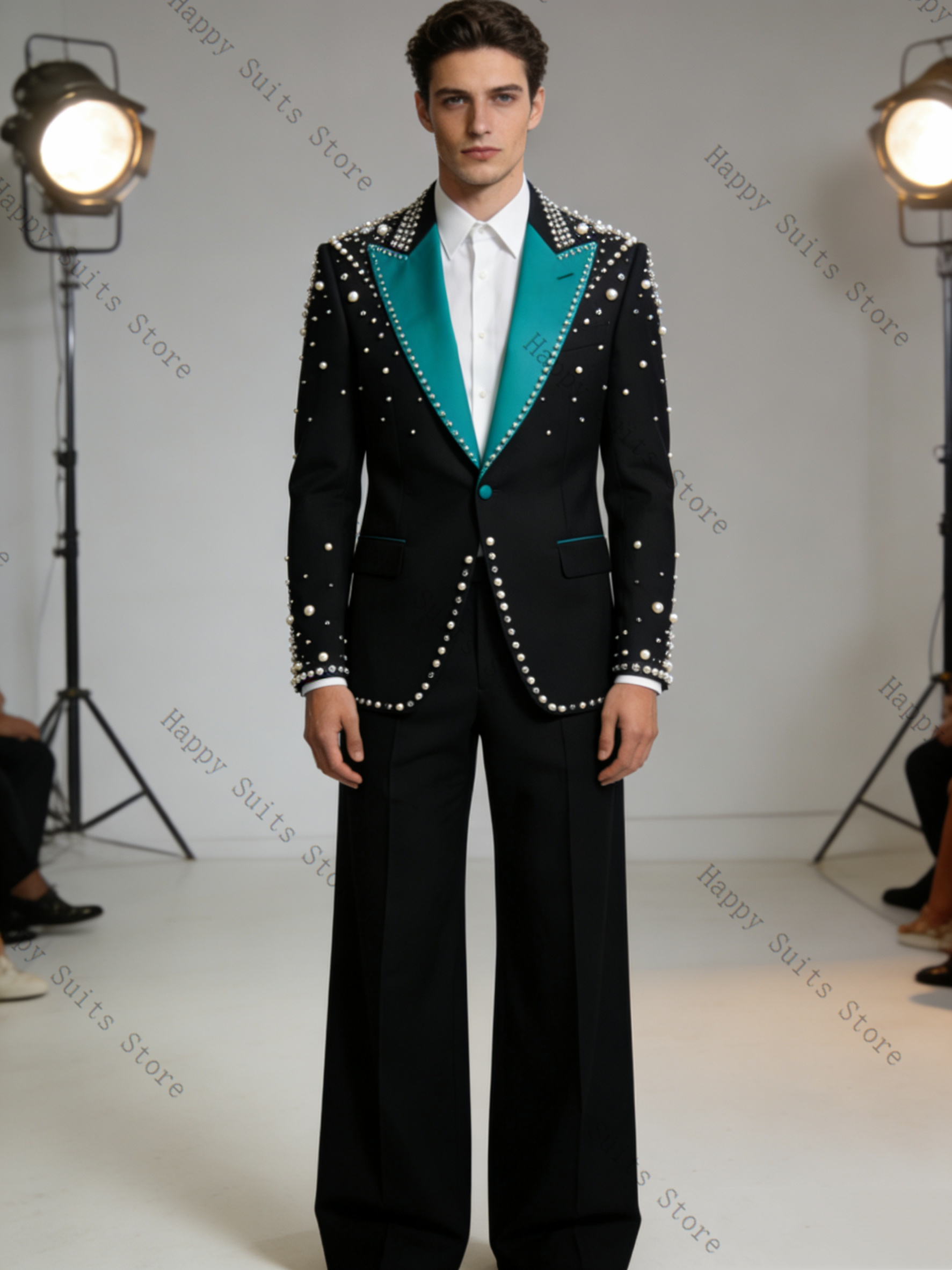 Pearls Blue Black Men Suit Set - Formal Wear Jersey For Men avaliação e preço