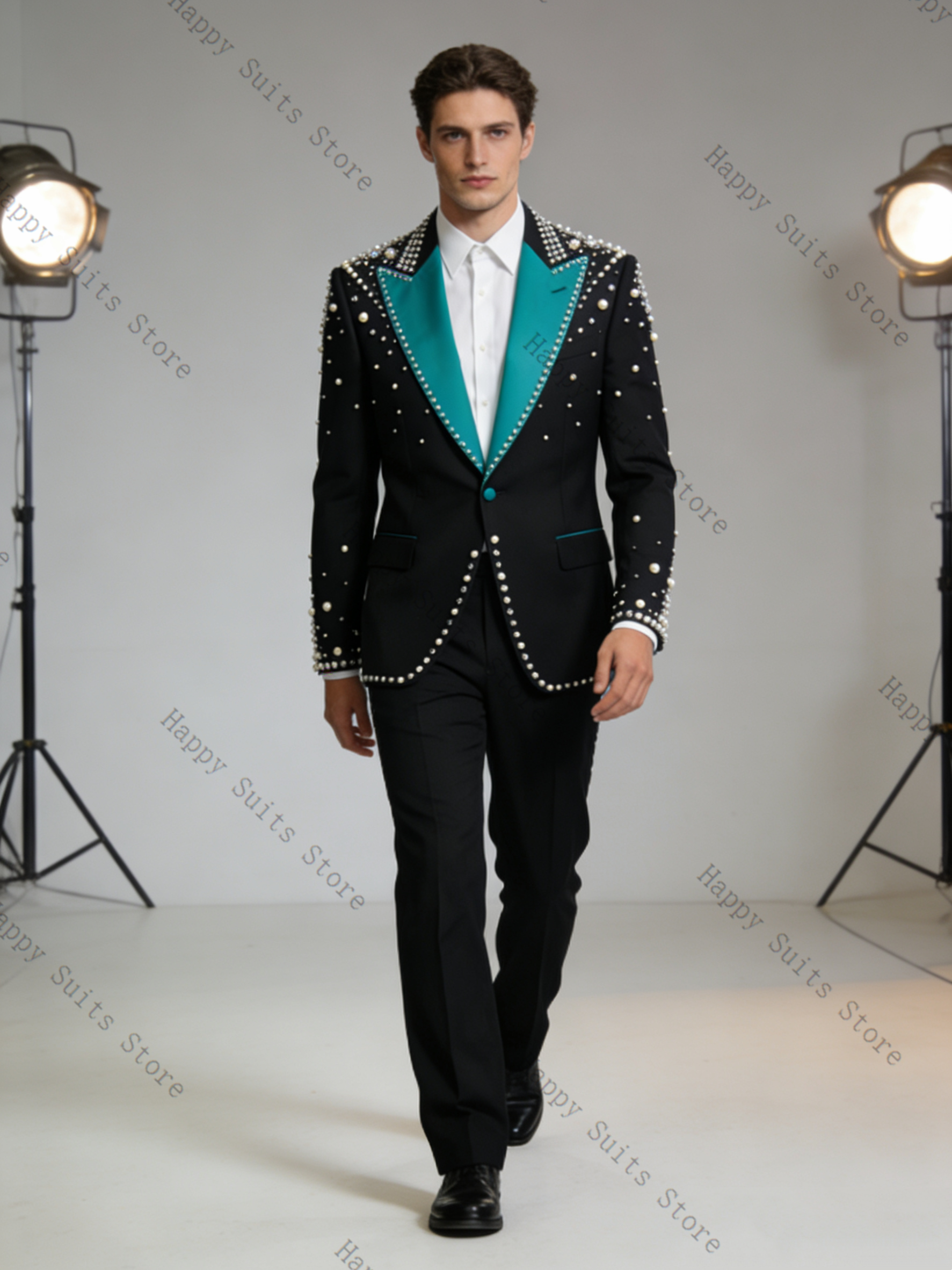 Pearls Blue Black Men Suit Set - Formal Wear Jersey For Men avaliação e preço