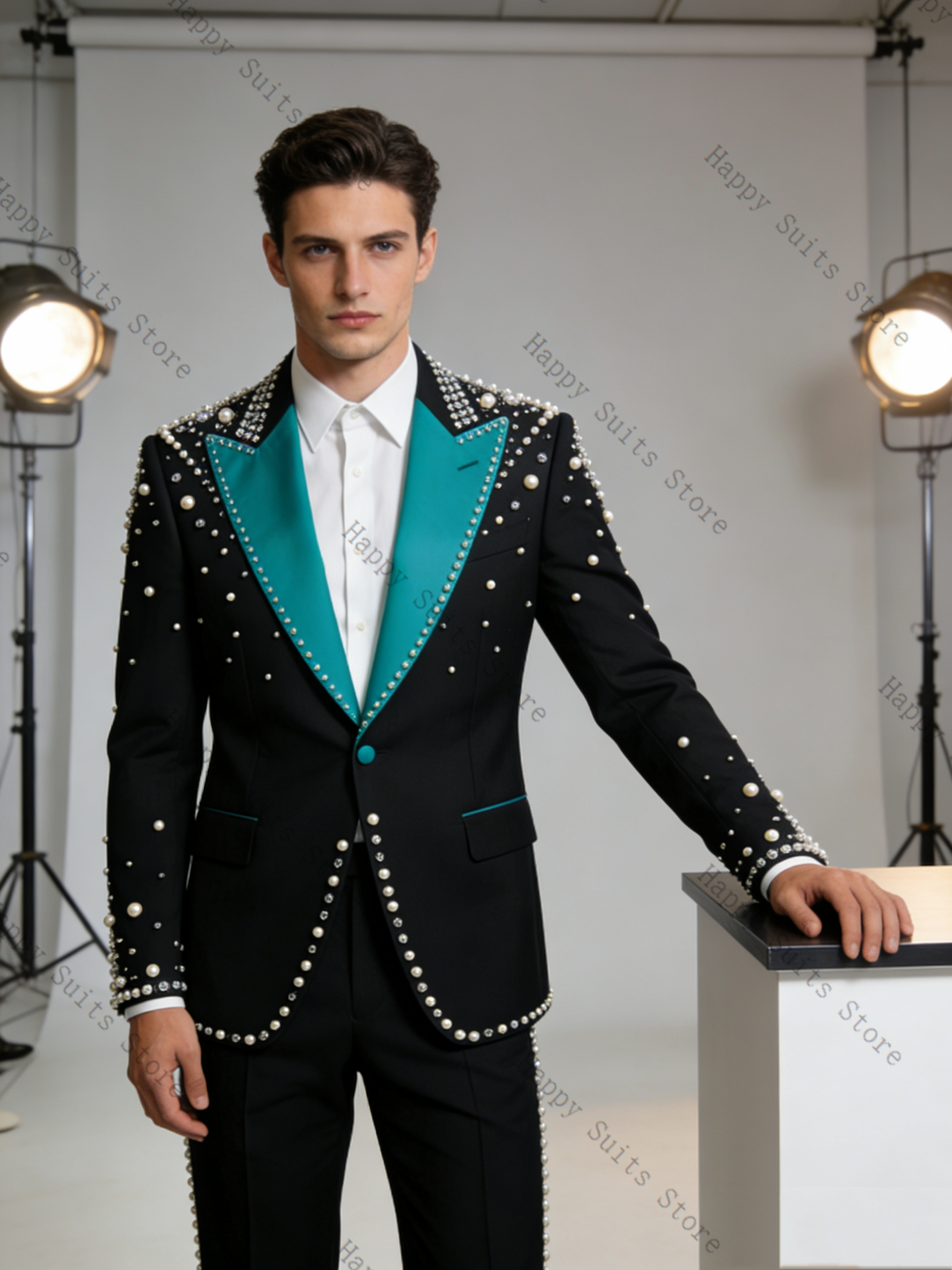 Pearls Blue Black Men Suit Set - Formal Wear Jersey For Men avaliação e preço
