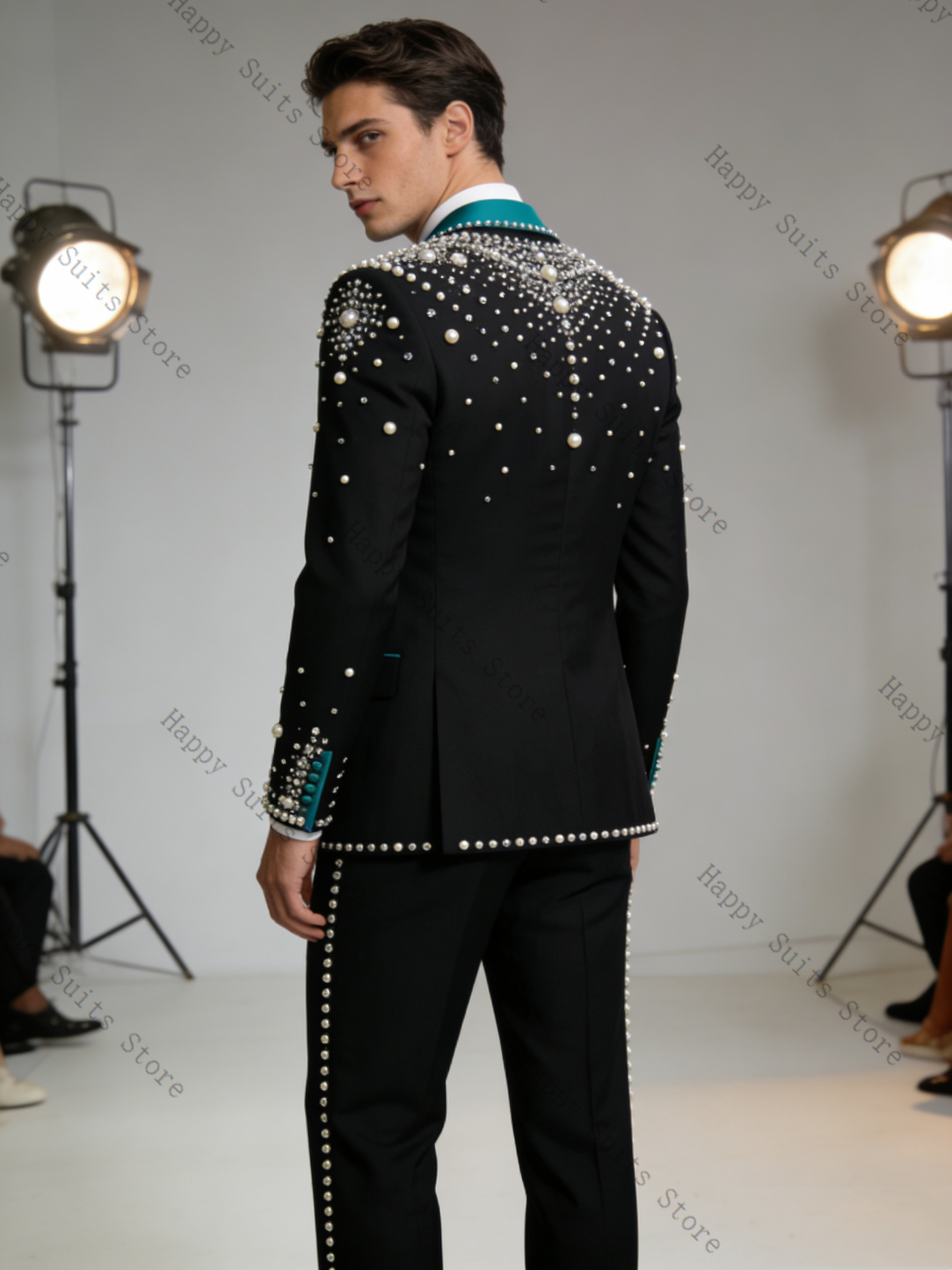 Pearls Blue Black Men Suit Set - Formal Wear Jersey For Men avaliação e preço
