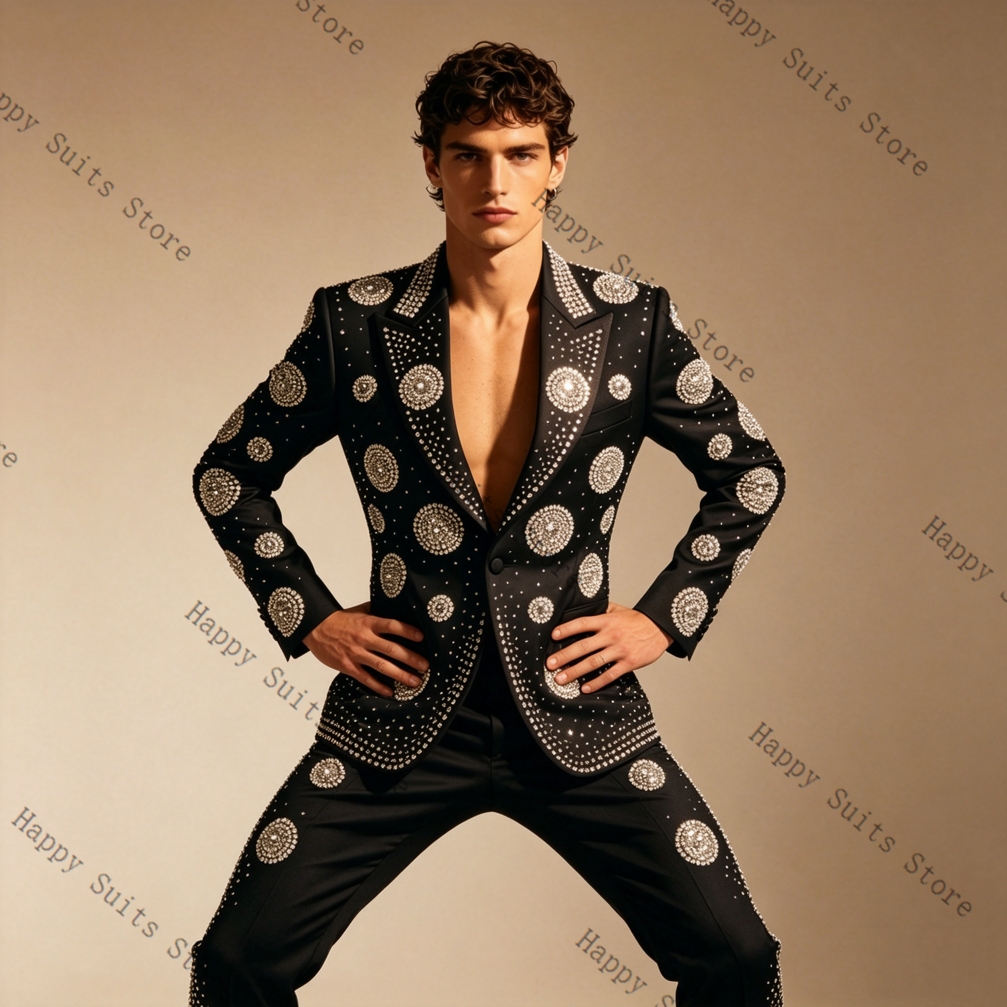Luxury Crystals Black Men Suit - Formal Wear Jersey For Men avaliação e preço