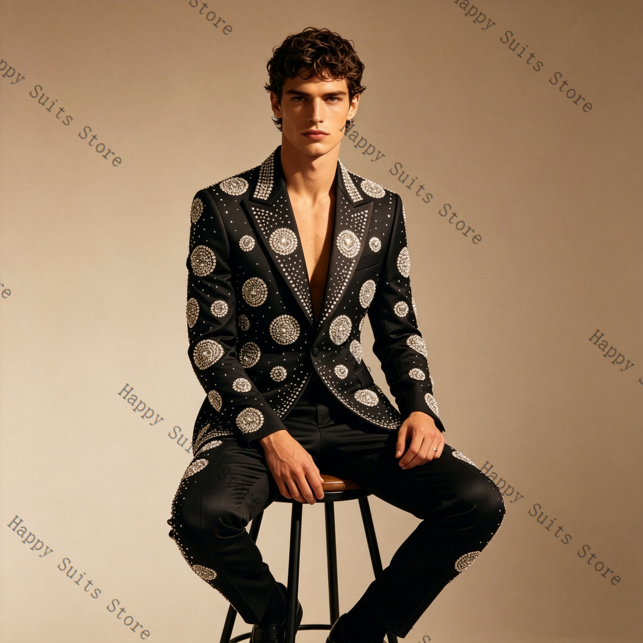 Luxury Crystals Black Men Suit - Formal Wear Jersey For Men avaliação e preço