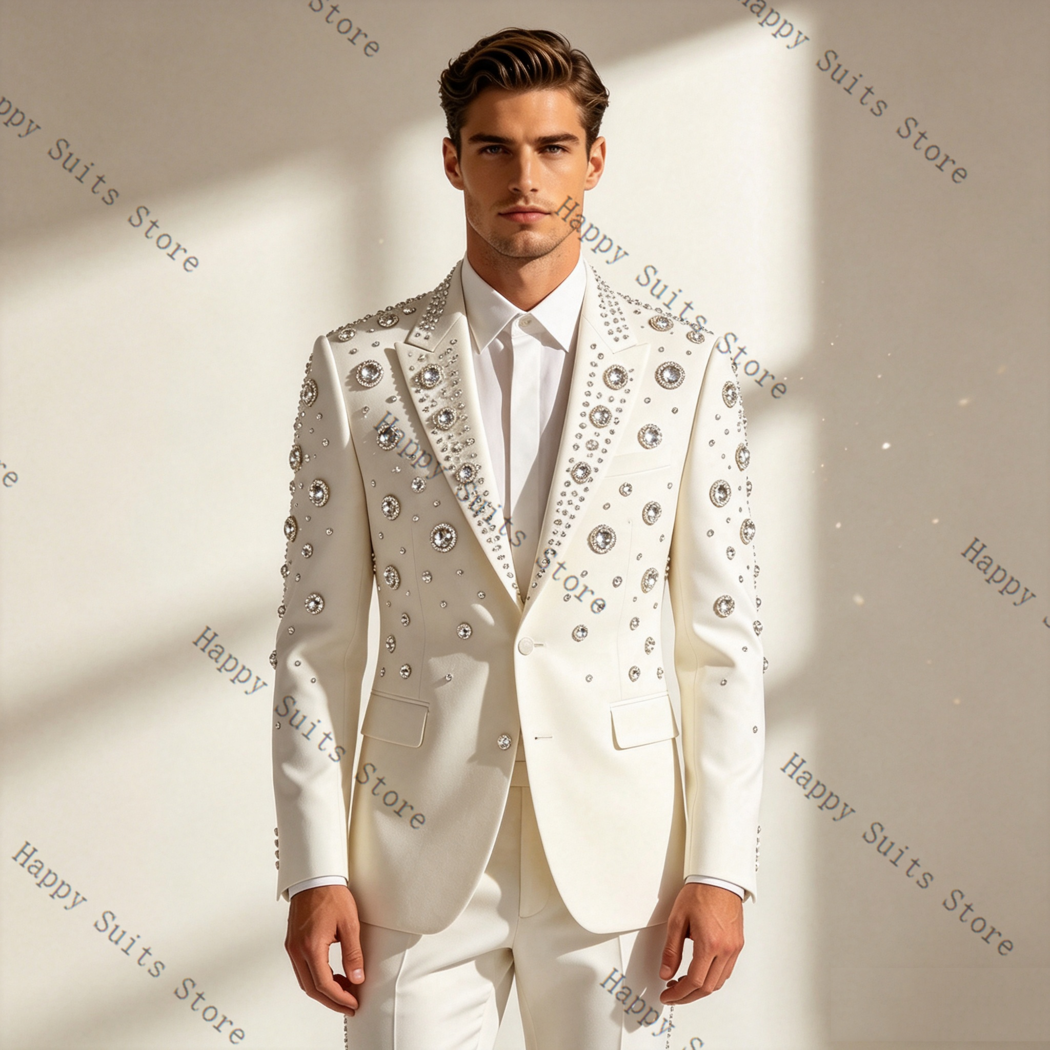 Crystals White Men Suit Set 2  - Formal Wear Jersey For Men avaliação e preço