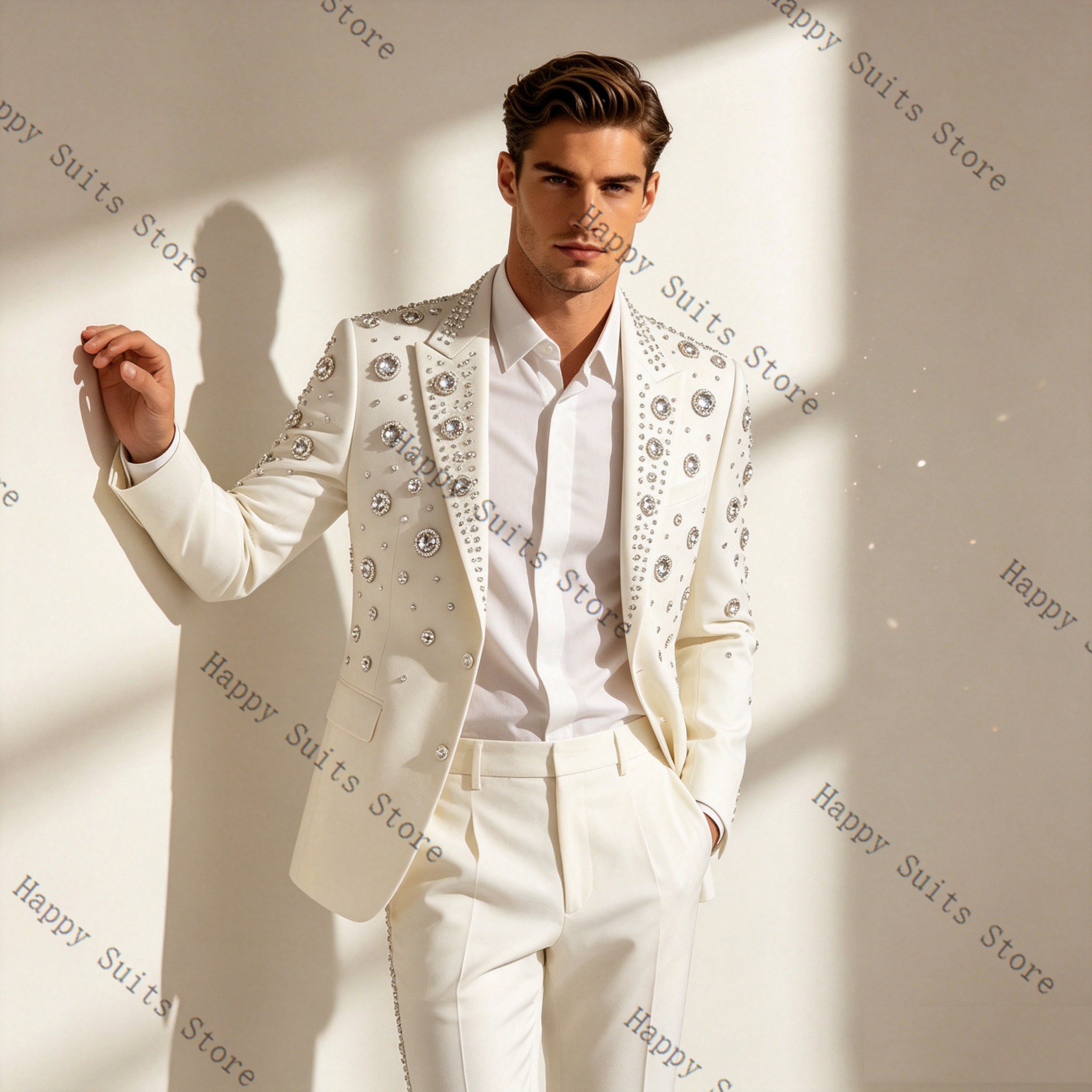 Crystals White Men Suit Set 2  - Formal Wear Jersey For Men avaliação e preço