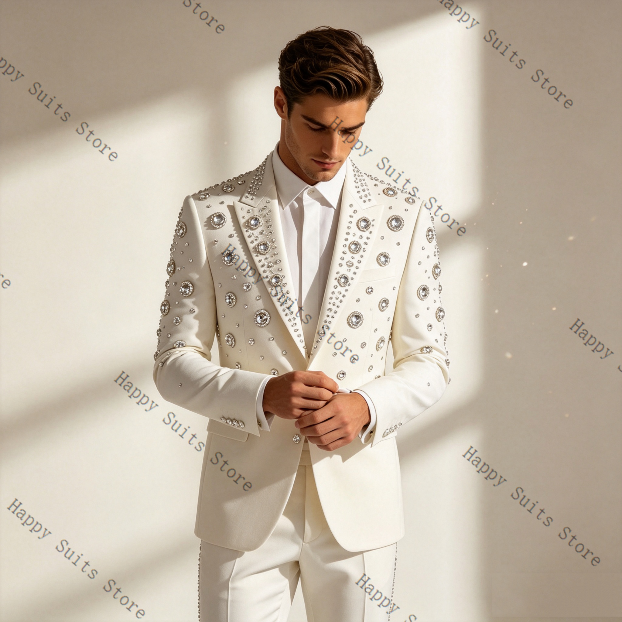 Crystals White Men Suit Set 2  - Formal Wear Jersey For Men avaliação e preço