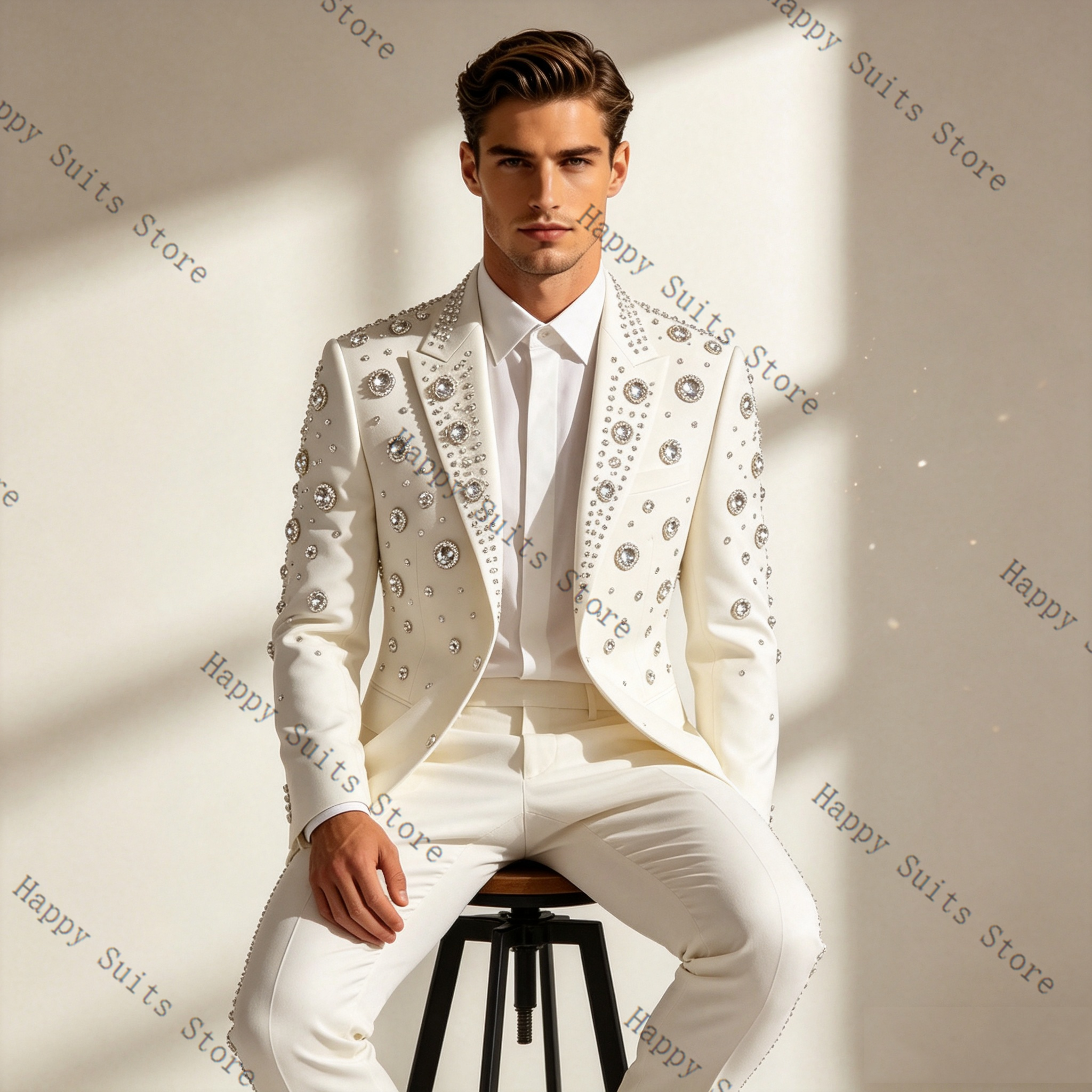 Crystals White Men Suit Set 2  - Formal Wear Jersey For Men avaliação e preço
